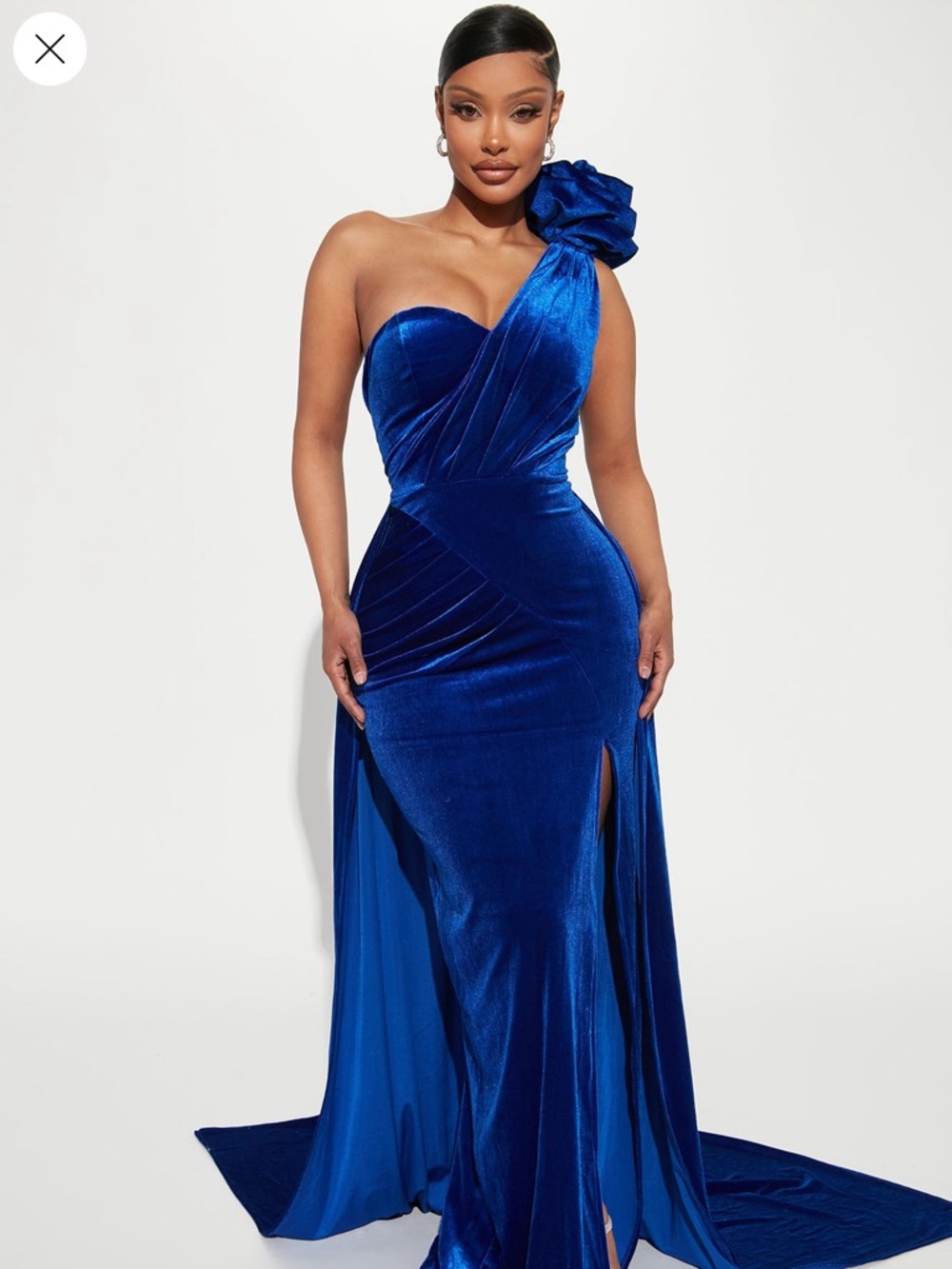 Fashion Nova One-Shoulder Cobalt Velvet Gown with Rosette Strap